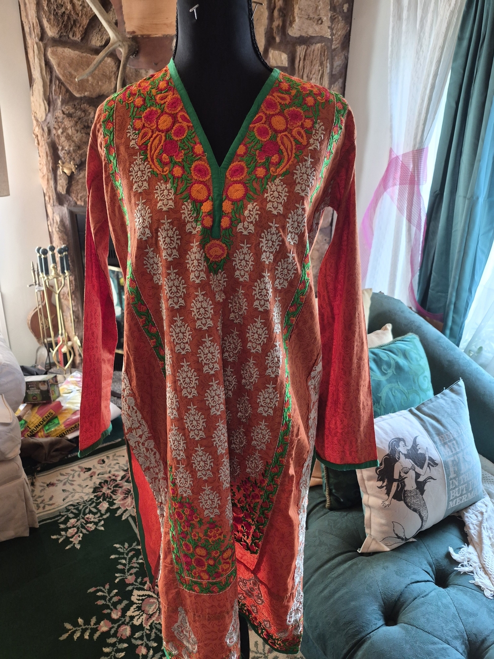 Vibrant Orange Kaftan Tunic with Green Floral Embroidery
